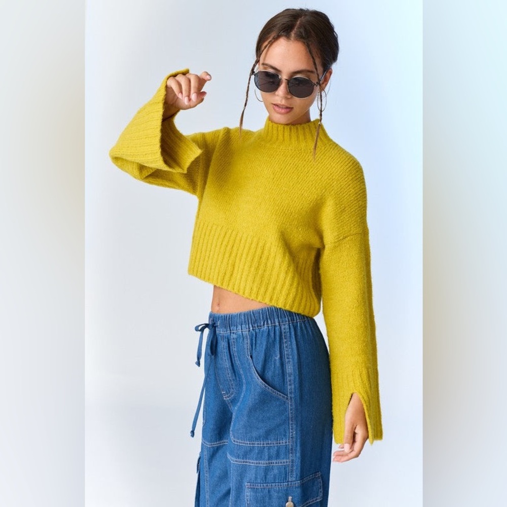 Cropped Rib-Knit Mock Neck Sweater - Mustard